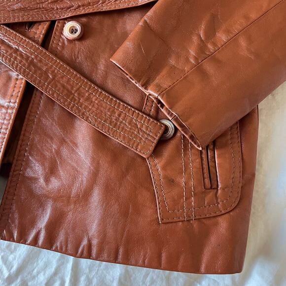 Vintage Genuine Leather Cognac button front Blazer Jacket double breasted - Picture 11 of 16